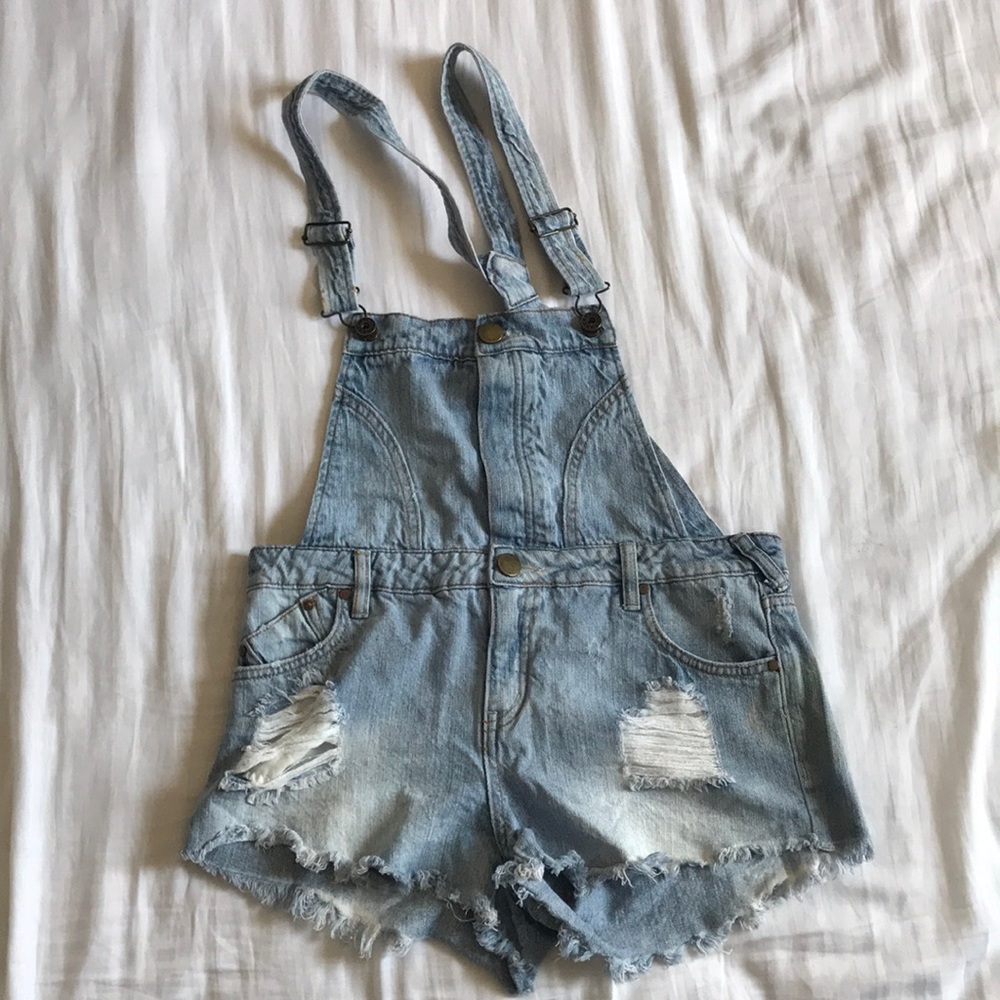 Ripped jean shorts overalls